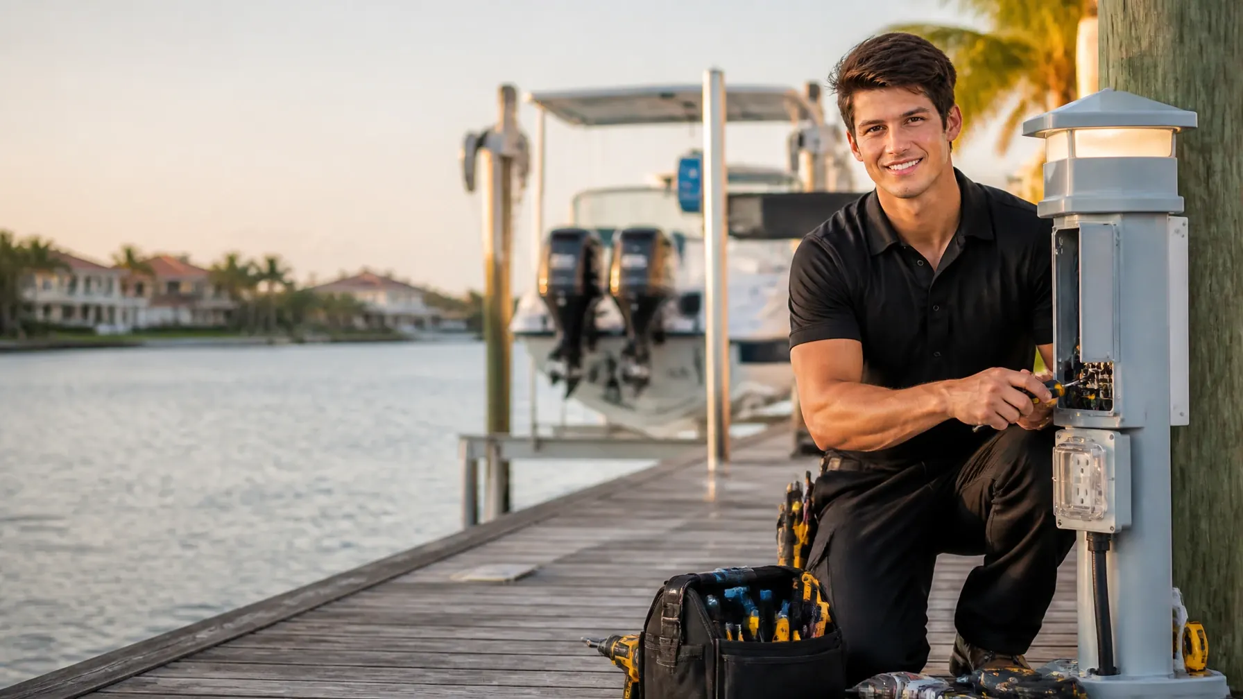 A&V Power Pro electrician wiring a boat lift on a Naples, FL waterfront dock