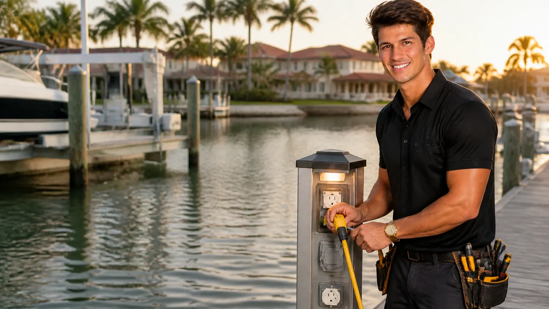 A&V Power Pro electrician wiring a waterfront dock and boat lift on Marco Island, FL